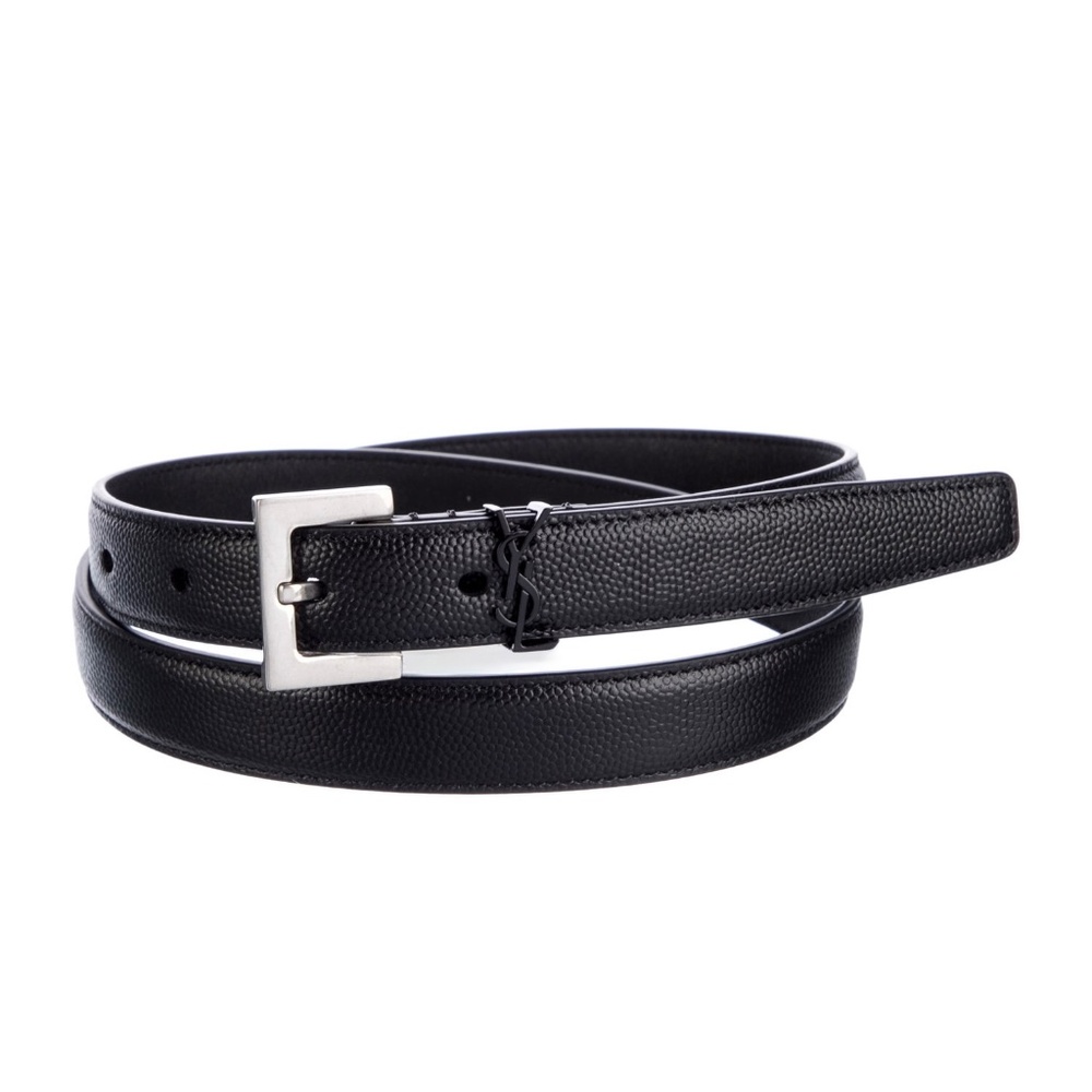 SAINT LAURENT Cassandre YSL Thin Belt Black Grain de Poudre Leather Size 70 cm